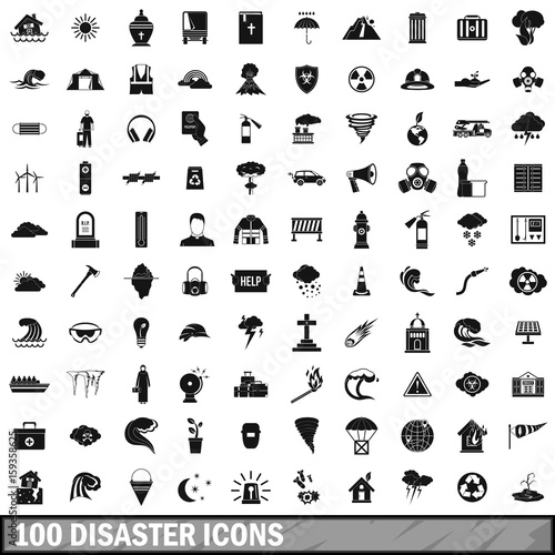 100 disaster icons set, simple style 