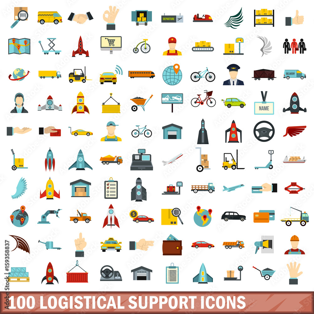 100 logistical support icons set, flat style 100 logistical support icons set, flat style