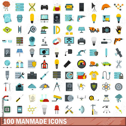 100 manmade icons set, flat style