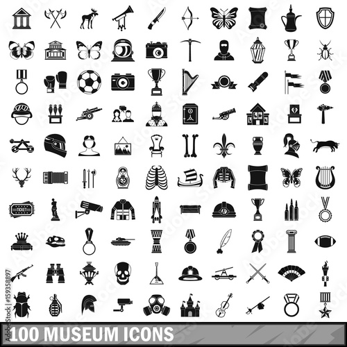 100 museum icons set, simple style 