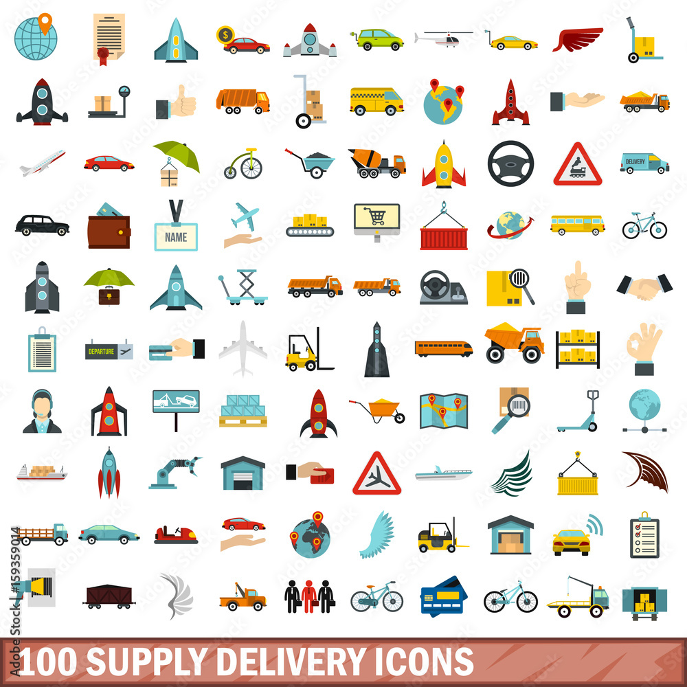 100 supply delivery icons set, flat style 100 supply delivery icons set, flat style