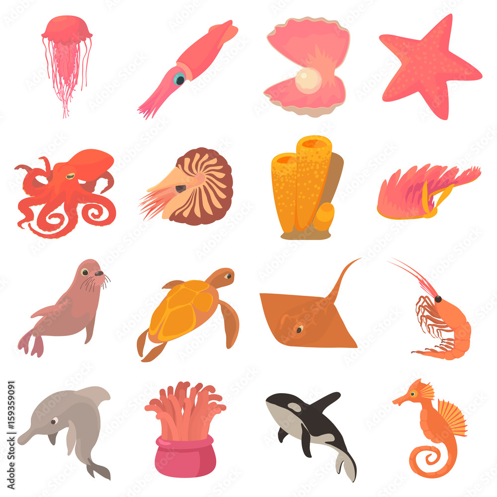 Ocean animals fauna icons set, cartoon style Ocean animals fauna icons set, cartoon style