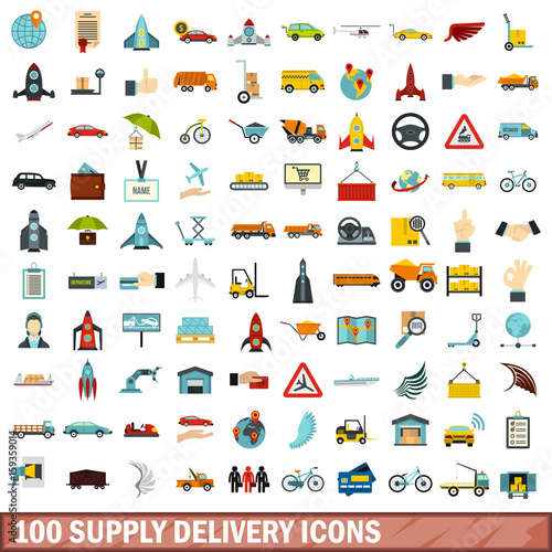 100 supply delivery icons set, flat style