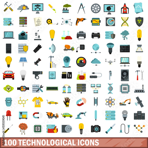 100 technological icons set, flat style