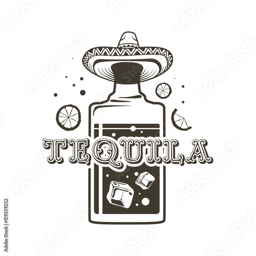 Logo bottles of tequila, straight shot and a Mexican hat.