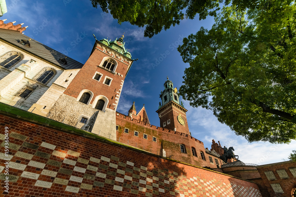 Castle towers on Wawel hill in sunny day. Krakow, Poland