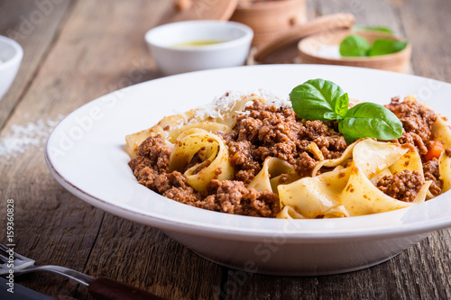 Bild auf Leinwand Homemade  traditional Italian pasta pappardelle bolognese