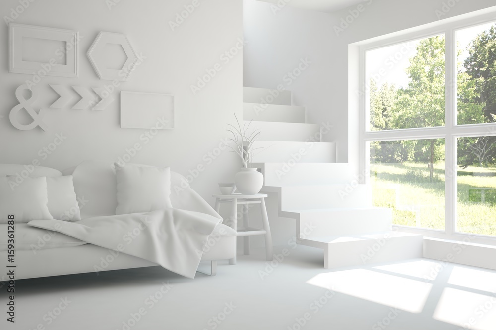 White room with sofa and green landscape in window. Scandinavian interior design. 3D illustration White room with sofa and green landscape in window. Scandinavian interior design. 3D illustration