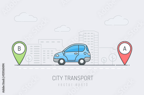 Fototapeta Niebieski samochód na drodze miejskiej jadący trasą oznaczoną znacznikami lokalizacji A i B. Ilustracja wektorowa w stylu sztuki kolor linii
