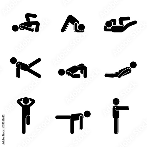 Exercises body workout stretching man stick figure. Healthy life style vector illustration pictogram.