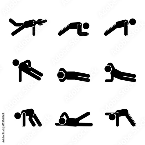 Exercises body workout stretching man stick figure. Healthy life style vector illustration pictogram.