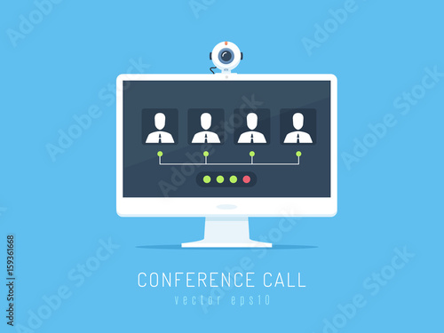 Computer monitor with conference call displayed on the screen vector illustration in flat style