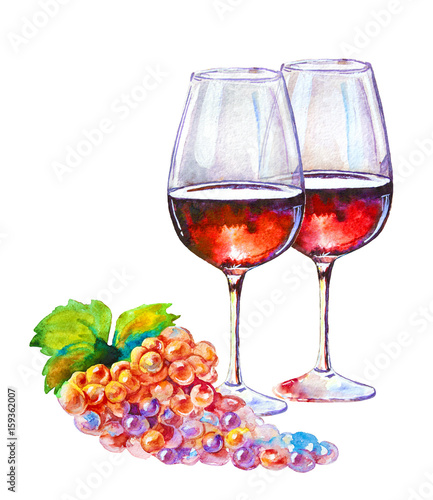 Glass of red wine isolated on white background. Picturesque drawing