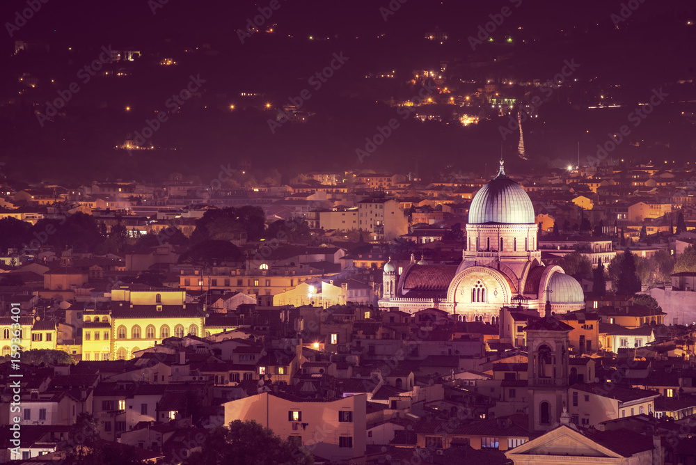Fototapeta premium Great Synagogue of Florence at night, view from above. Travel outdoor sightseeing background