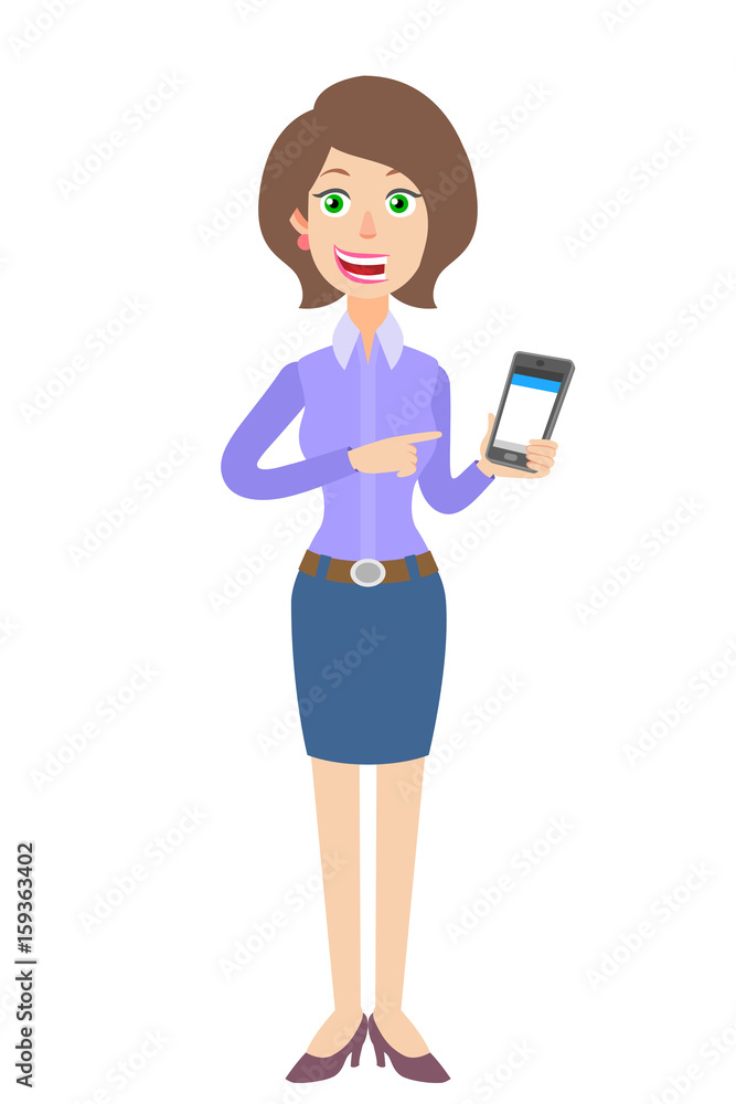 Businesswoman pointing at mobile phone in his hand Businesswoman pointing at mobile phone in his hand