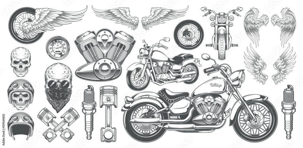 Obraz premium Zestaw ilustracji wektorowych, ikony ręcznie rysowane rocznika motocykla pod różnymi kątami, czaszki, skrzydła w stylu grawerowania. Klasyczny chopper w stylu tuszu. Drukuj, grawerowanie, szablon, element projektu