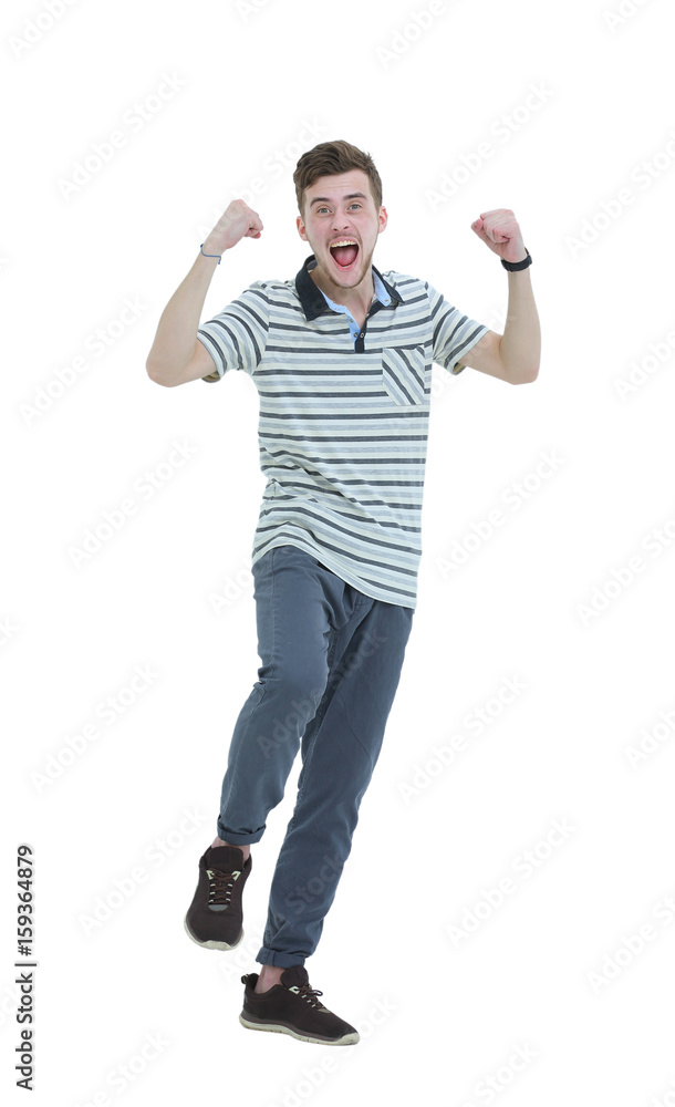 Cheering man with his arms raised up on white background.