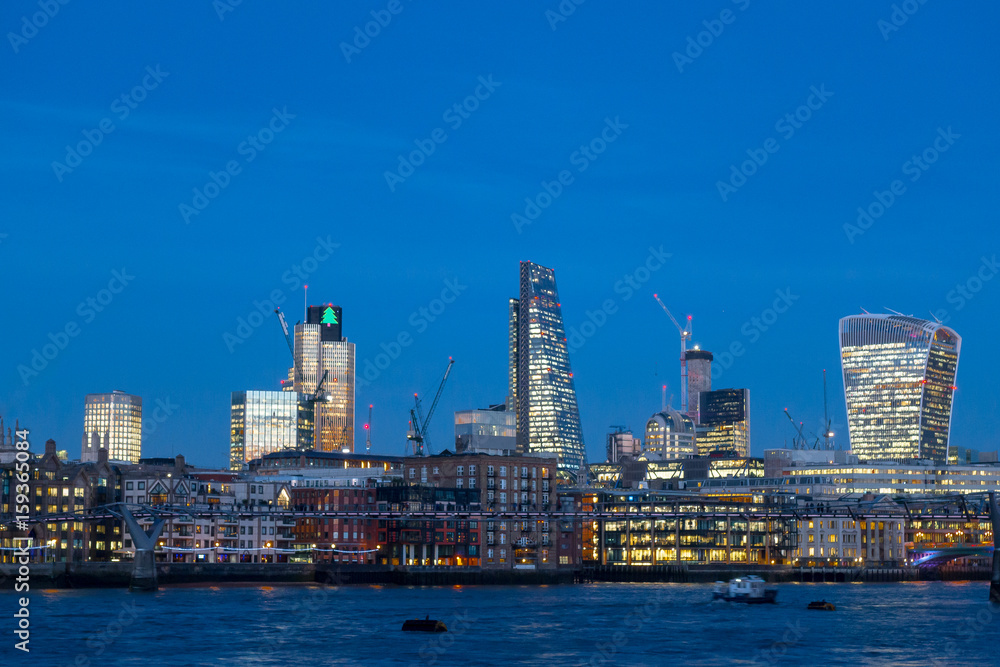 Skyline twilight with City of London skyscrapers and office buildings