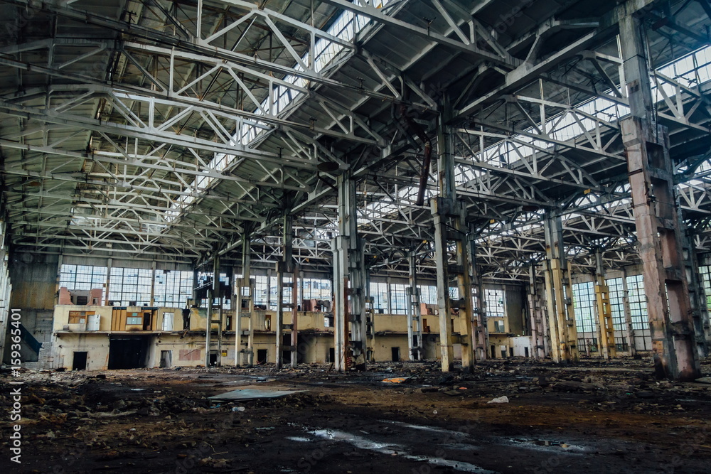 Large abandoned industrial hall of Voronezh excavator plant