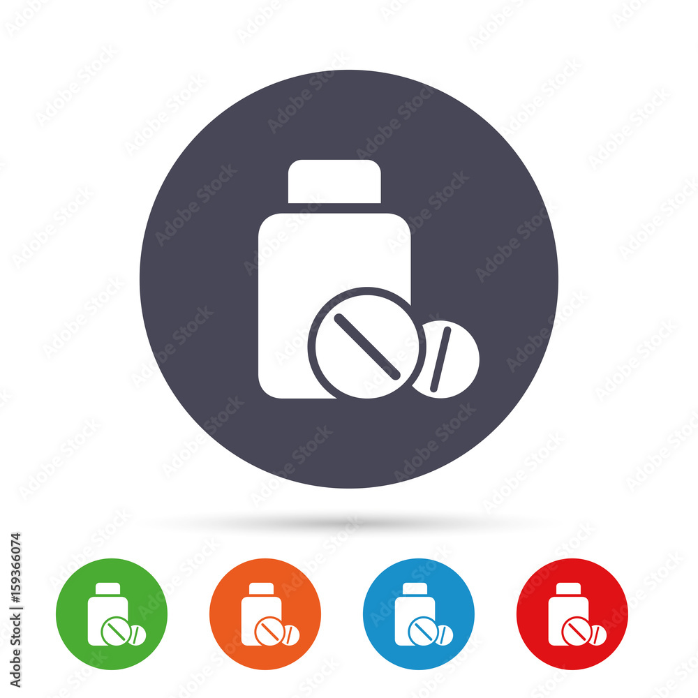 Medical tablets bottle sign icon. Drugs symbol.