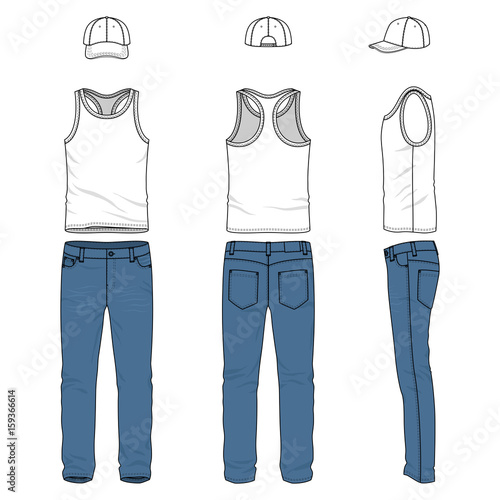 Set of male vest, jeans, baseball cap.