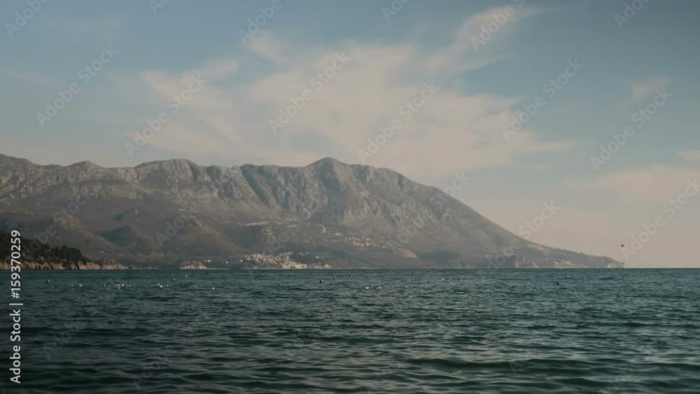 The mountains, rocky beach and sea is landscape in a cool day. Many white seagulls is in water, and one of them flies in the sky over bay. Wild nature is seen on the opposite side of the sea, and a The mountains, rocky beach and sea is landscape in a cool day. Many white seagulls is in water, and one of them flies in the sky over bay. Wild nature is seen on the opposite side of the sea, and a