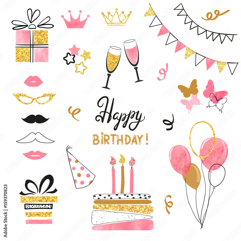 Birthday party icon set in pink, black and golden colors. Vector hand drawn illustration - obrazy, fototapety, plakaty 