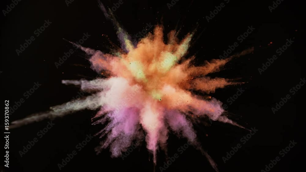Colorful powder/particles fly after being exploded against black background. Shot with high speed camera, phantom flex 4K. Slow Motion. Included 2 different color versions. Colorful powder/particles fly after being exploded against black background. Shot with high speed camera, phantom flex 4K. Slow Motion. Included 2 different color versions.