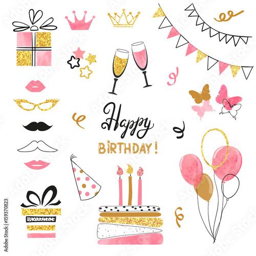 Birthday party icon set in pink, black and golden colors. Vector hand drawn illustration