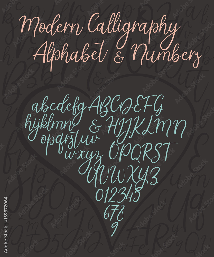 Modern calligraphy alphabet. Handwritten brush script with numbers