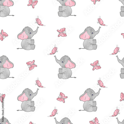 Seamless pattern with cute elephants and butterflies. Vector background for kids design. Baby print.
