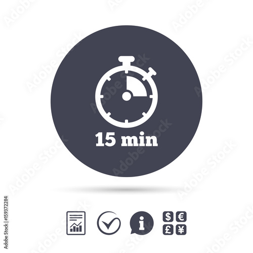 Timer sign icon. 15 minutes stopwatch symbol.