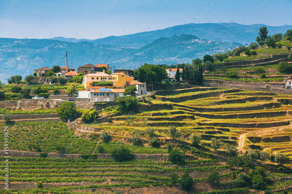 Village in Douro Valley, Portugal. View of vineyards are on a hills.