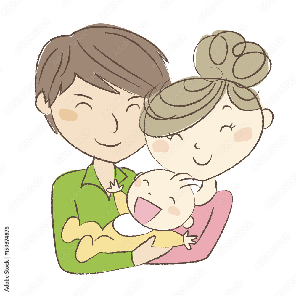 赤ちゃんを抱いて幸せそうに微笑む夫婦