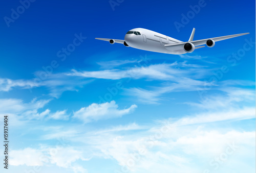 Airplane fly in the in a blue cloudy sky. Travel concept. Vector illustration