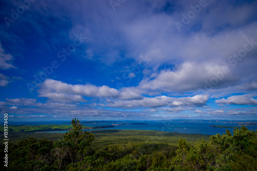View to Rangitoto Island from North Head in a sunny day with a beautiful blue sky
