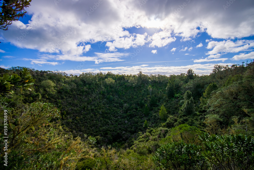View to Rangitoto Island from North Head in a sunny day with a beautiful blue sky in a green forest View to Rangitoto Island from North Head in a sunny day with a beautiful blue sky in a green forest