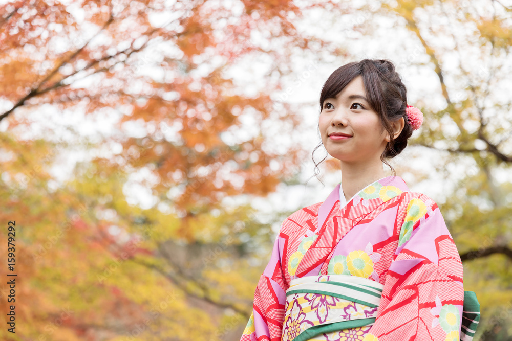 portrait of young asian woman waering kimono in autumn portrait of young asian woman waering kimono in autumn