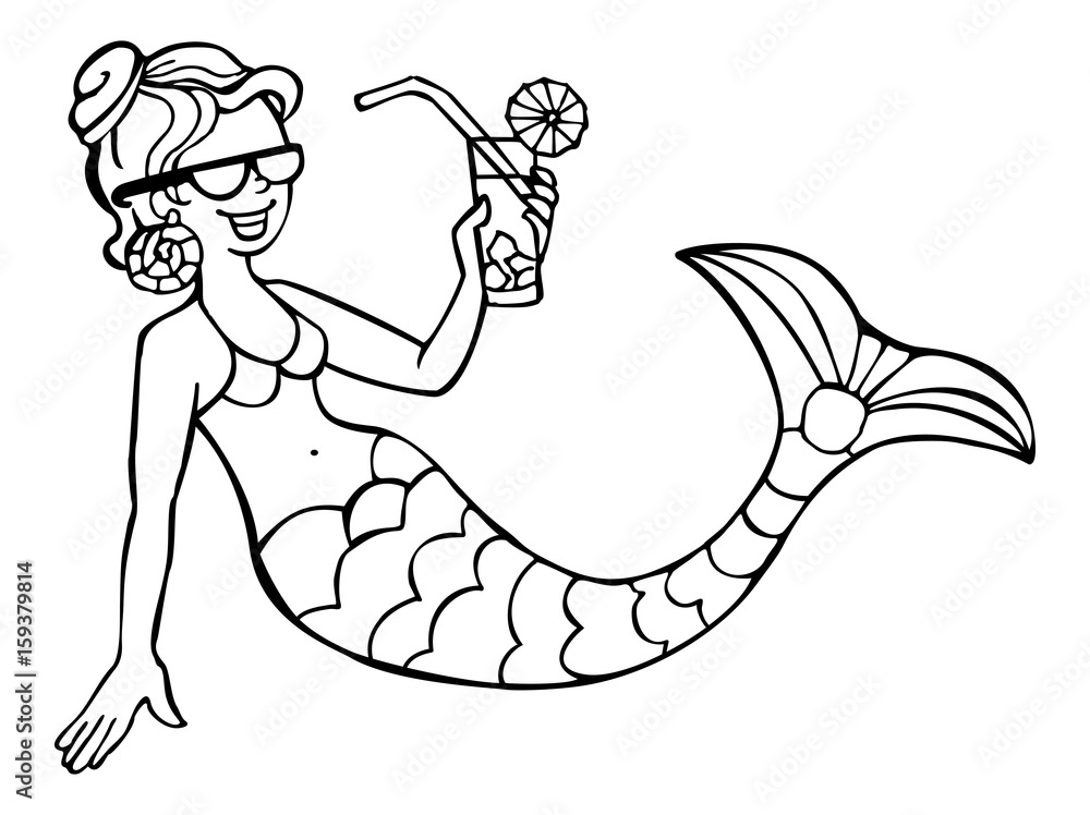 Funny mermaid is holding a glass of cocktail in her hand. Cartoon   clip art. Stock Vector | Adobe Stock
