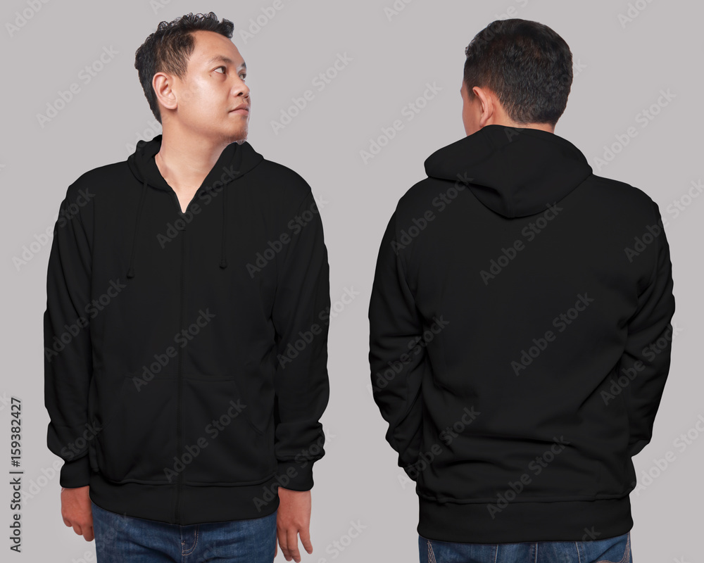 Blank sweatshirt mock up, front, and back view, isolated on grey. Asian male model wear plain black hoodie mockup. Hoody design presentation. Jumper for print. Blank clothes sweat shirt sweater