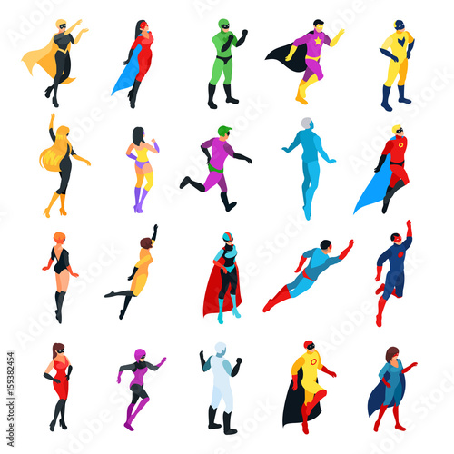 Set of isometric superheroes isolated on white background.