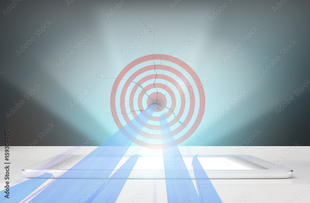 Obraz premium Working a hologram of the earth on the tablet.hologram The arrows reach the goal as a business plan that works as planned to accomplish the goal set. The omnichannel icon flow.