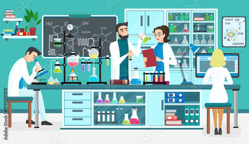 Laboratory people assistants working in scientific medical biological lab. Chemical experiments. Cartoon vector illustration.