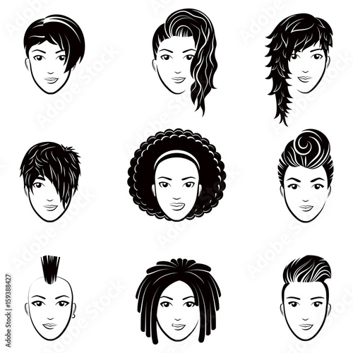 Vector set of stylized logo with beautiful women hairstyles. Fashion stylish collection of fashionable hairstyle.
