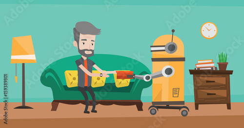Robot assistant bringing food to an elderly caucasian man. Robot assistant helping elderly gentleman. Robot assistant serving senior man with meal. Vector flat design illustration. Horizontal layout.