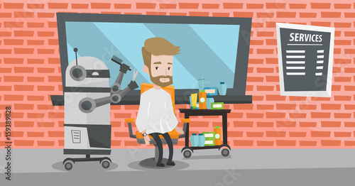Robot hairdresser cutting hair of young hipster man at barbershop. Robot hairdresser making haircut to caucasian client with scissors in barbershop. Vector flat design illustration. Horizontal layout.