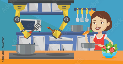 Domestic personal robot helps to his owner at kitchen. Domestic personal robot preparing breakfast at kitchen while his female owner stands nearby. Vector flat design illustration. Horizontal layout.