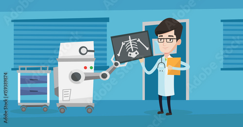 Caucasian male doctor examining a radiograph with help of robot in hospital. Young doctor in uniform looking at radiograph that the robot holds. Vector flat design illustration. Horizontal layout.