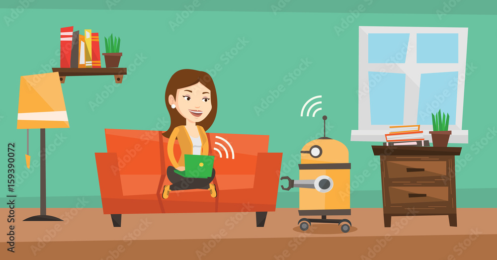 Young caucasian female engineer programming a domestic personal robot on her laptop. Female engineer examining her newly built robot. Vector flat design illustration. Horizontal layout. programmer Young caucasian female engineer programming a domestic personal robot on her laptop. Female engineer examining her newly built robot. Vector flat design illustration. Horizontal layout. programmer