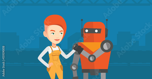 Robot wrestling with factory worker on the background of conveyor belt in workshop. Concept of competition between artificial intelligence and human. Vector flat design illustration. Horizontal layout